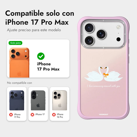 YOUNGKIT Funda CH4 Swan Kiss para iPhone 17 Pro Max Compatible con MagSafe, Marco de Silicona y Trasera Removible, Swan Serenade