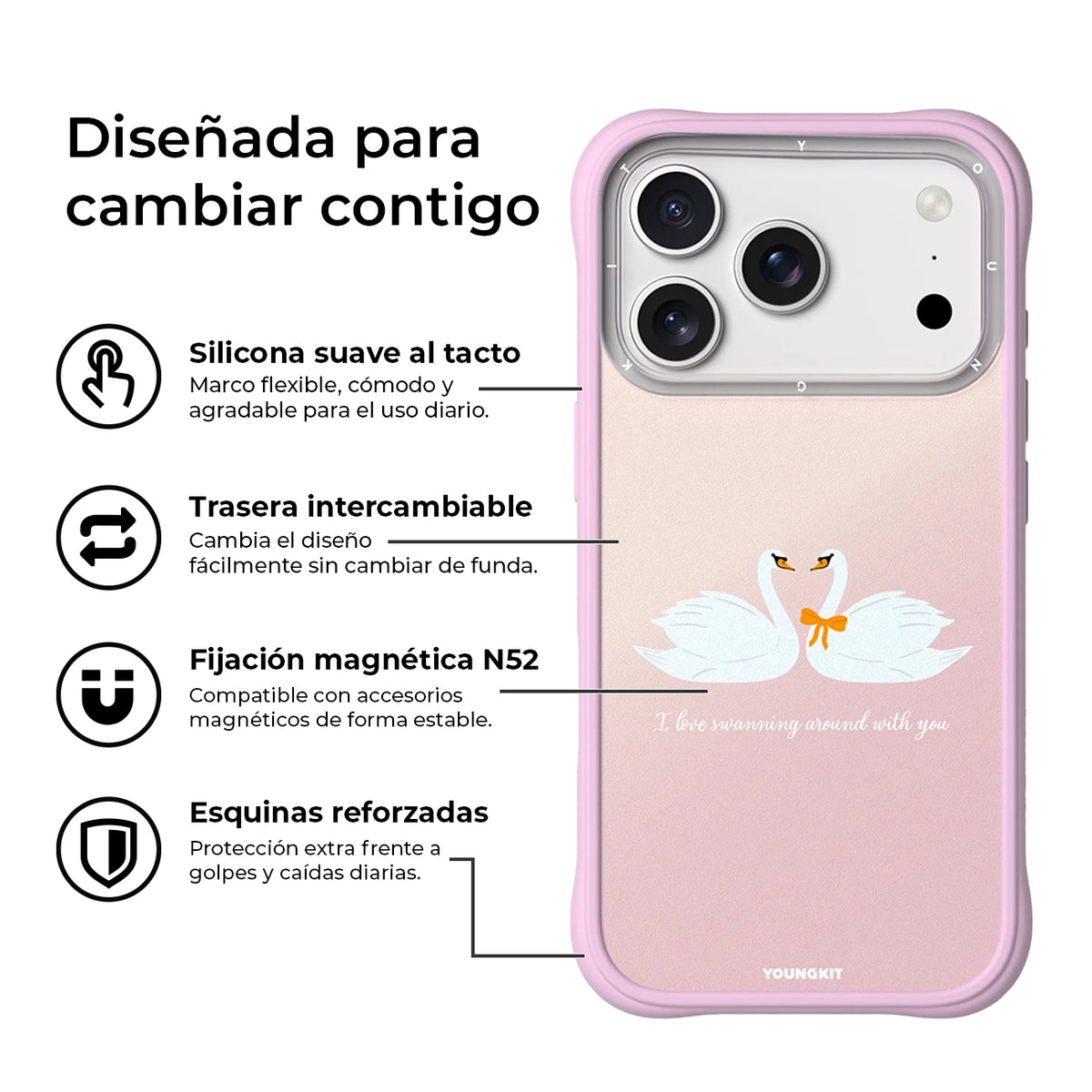 YOUNGKIT Funda Swan Kiss para iPhone 17 Pro Max/18 Pro Max Compatible con MagSafe, Swan Serenade