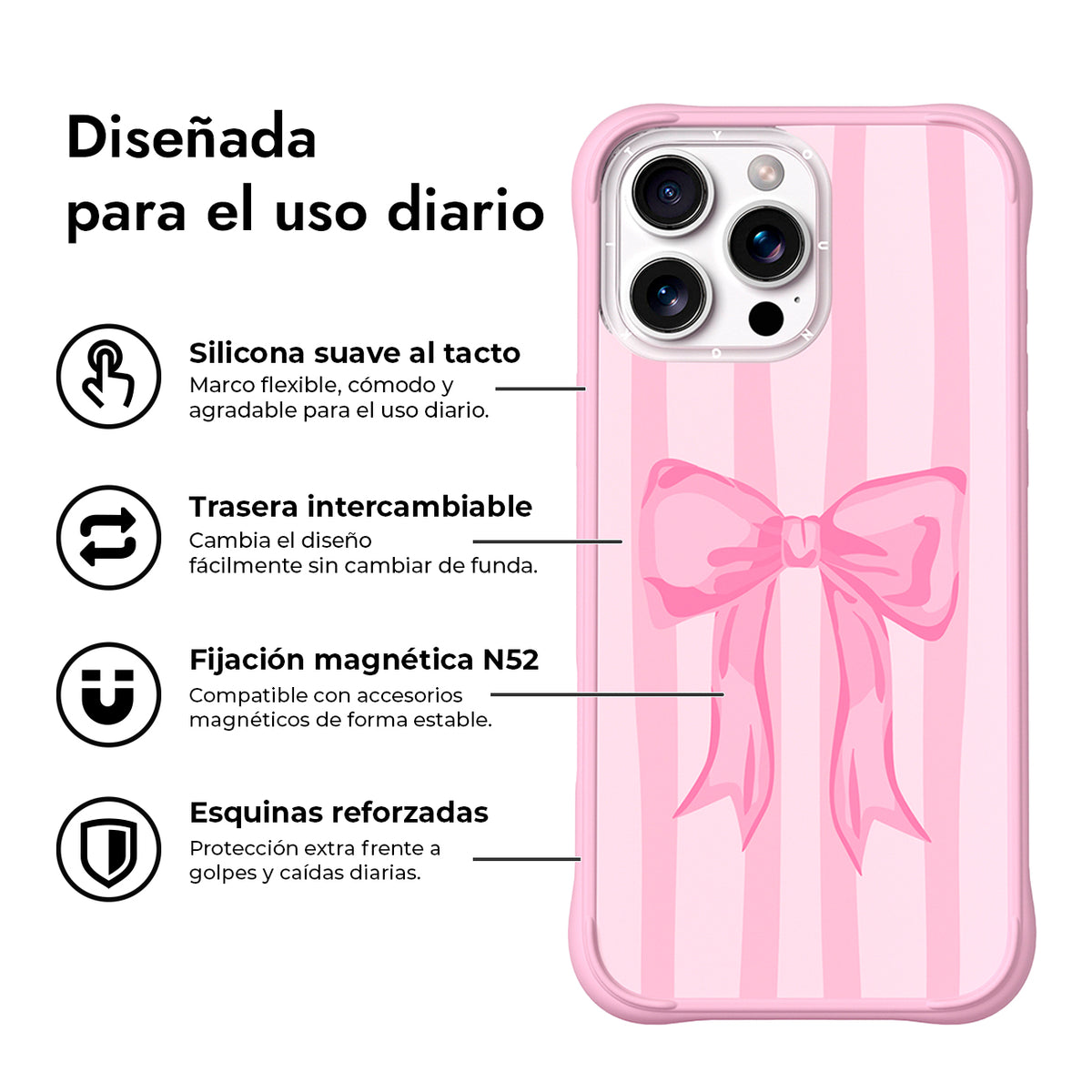 YOUNGKIT Funda CH4 Swan Kiss para iPhone 16 Pro Max Compatible con MagSafe, Marco de Silicona y Trasera Removible, Ballet Ribbon, Rosa Cálido