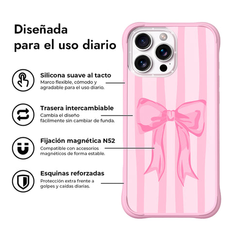 YOUNGKIT Funda CH4 Swan Kiss para iPhone 16 Pro Max Compatible con MagSafe, Marco de Silicona y Trasera Removible, Ballet Ribbon, Rosa Cálido