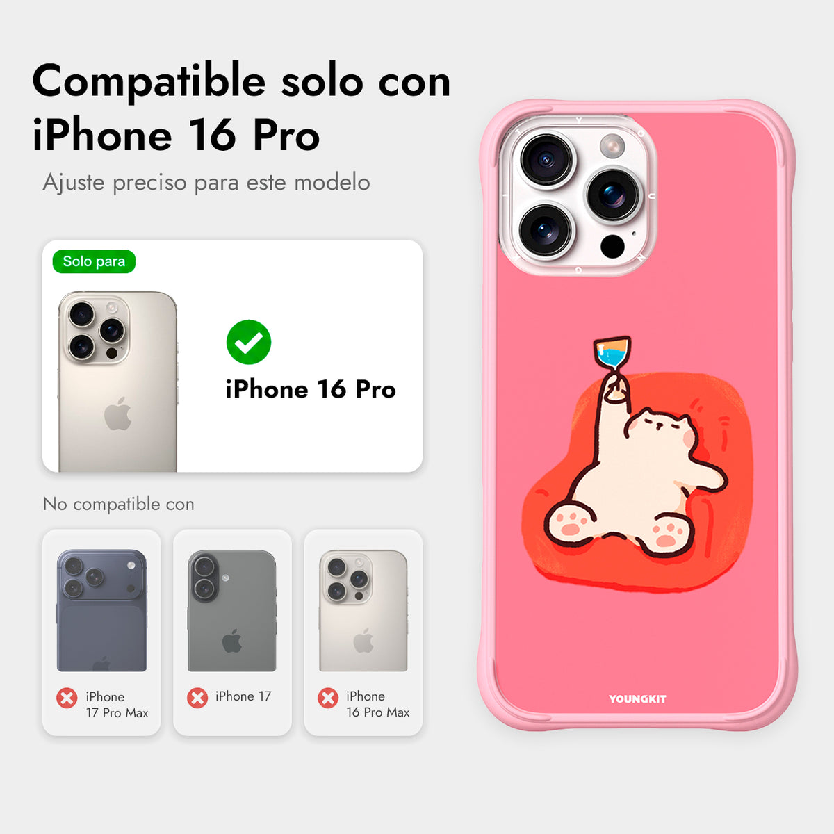 YOUNGKIT Funda CH4 Leisure Time para iPhone 16 Pro Compatible con MagSafe, Marco de Silicona y Trasera Removible, Poco Borracho, Rosa Cálido