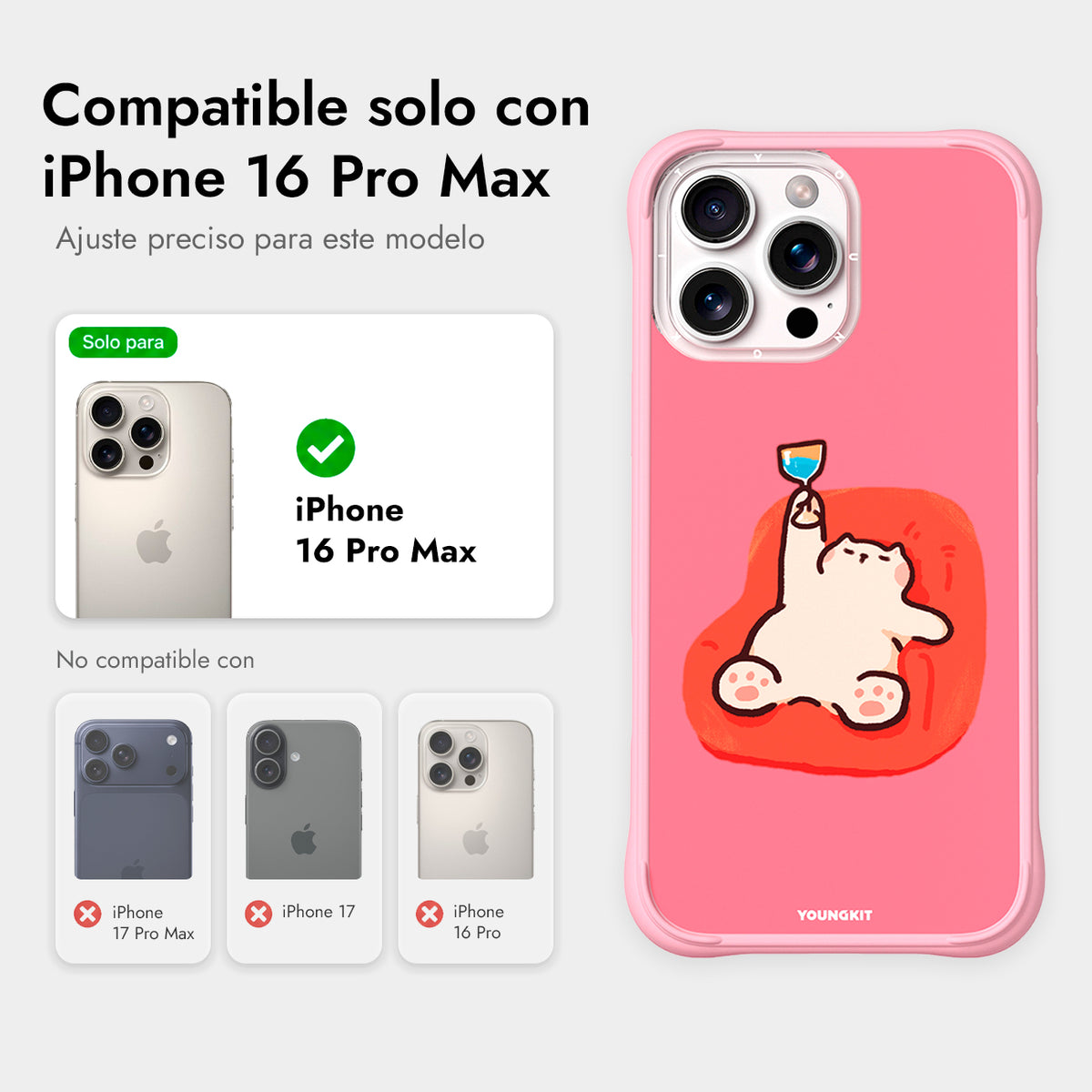 YOUNGKIT Funda CH4 Leisure Time para iPhone 16 Pro Max Compatible con MagSafe, Marco de Silicona y Trasera Removible, Poco Borracho, Rosa Cálido
