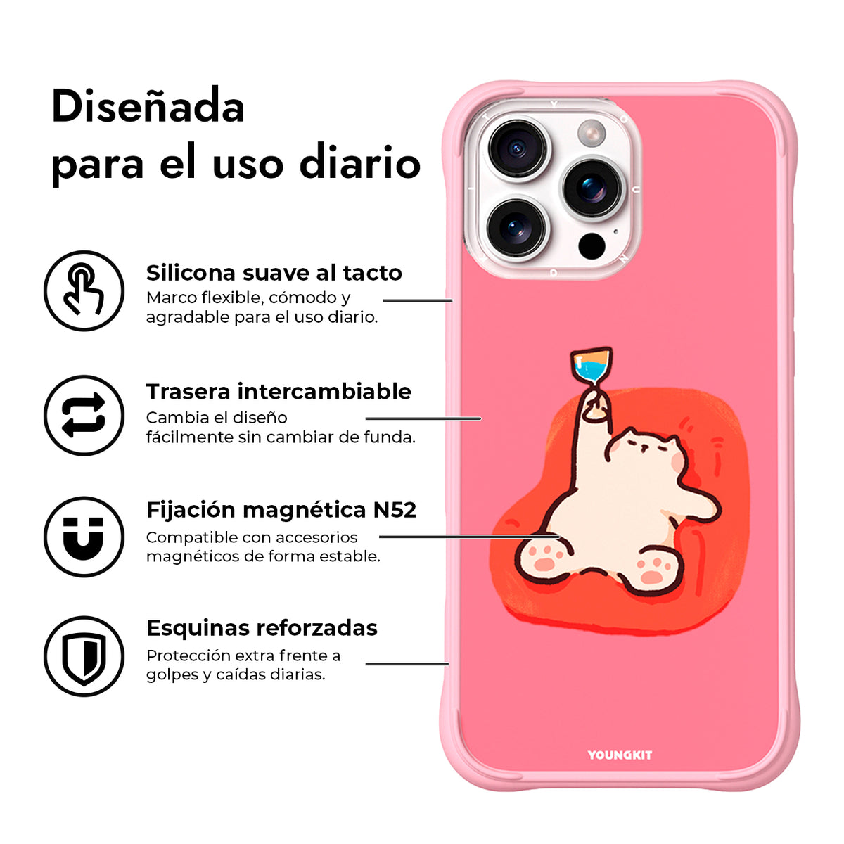 YOUNGKIT Funda CH4 Leisure Time para iPhone 16 Pro Max Compatible con MagSafe, Marco de Silicona y Trasera Removible, Poco Borracho, Rosa Cálido