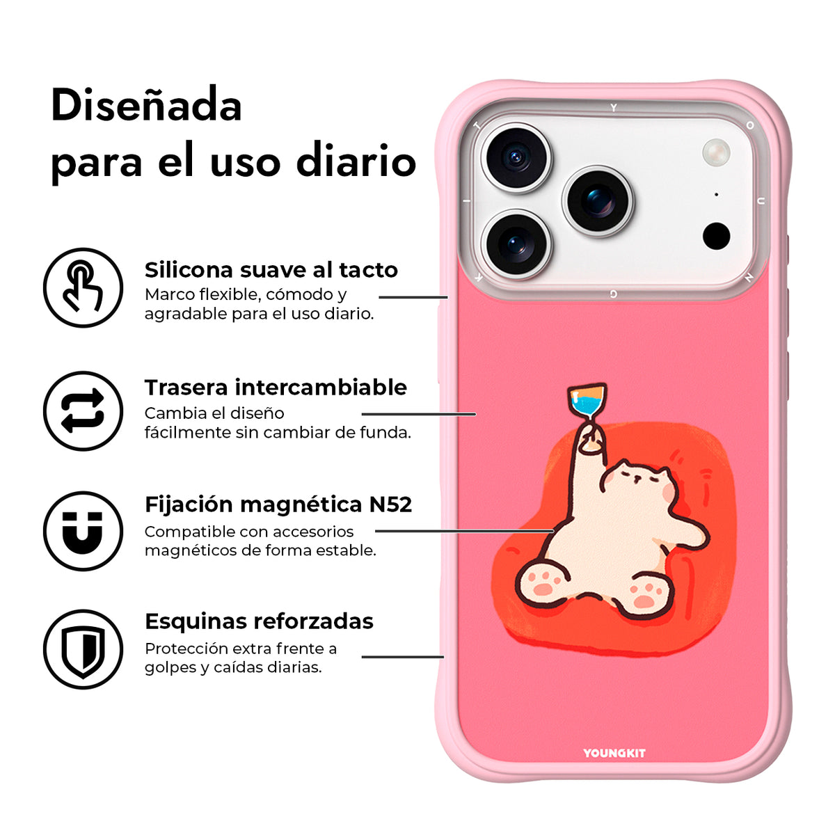 YOUNGKIT Funda Leisure Time para iPhone 17 Pro/18 Pro Compatible con MagSafe, Poco Borracho, Rosa Cálido