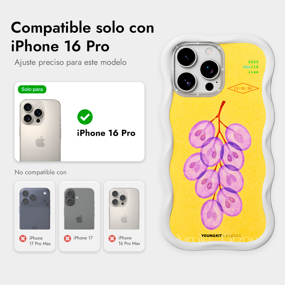 YOUNGKIT Funda CHD4 Authentic Wavy para iPhone 16 Pro Compatible con MagSafe, Marco de Silicona y Trasera Removible, Uva Morada, Blanco