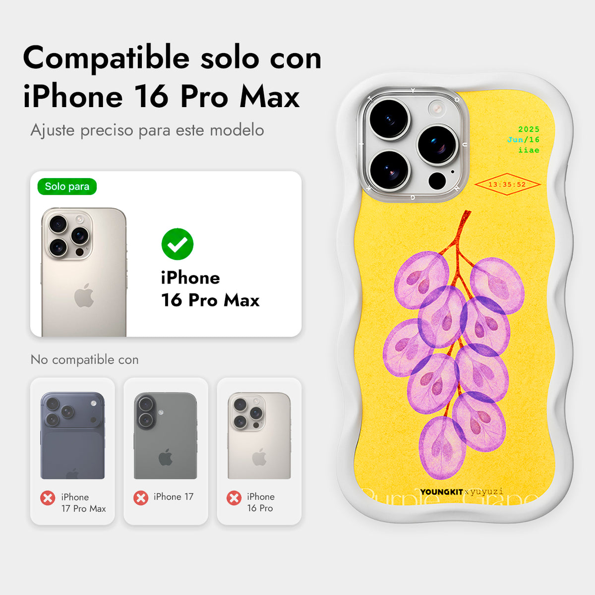 YOUNGKIT Funda CHD4 Authentic Wavy para iPhone 16 Pro Max Compatible con MagSafe, Marco de Silicona y Trasera Removible, Uva Morada, Blanco