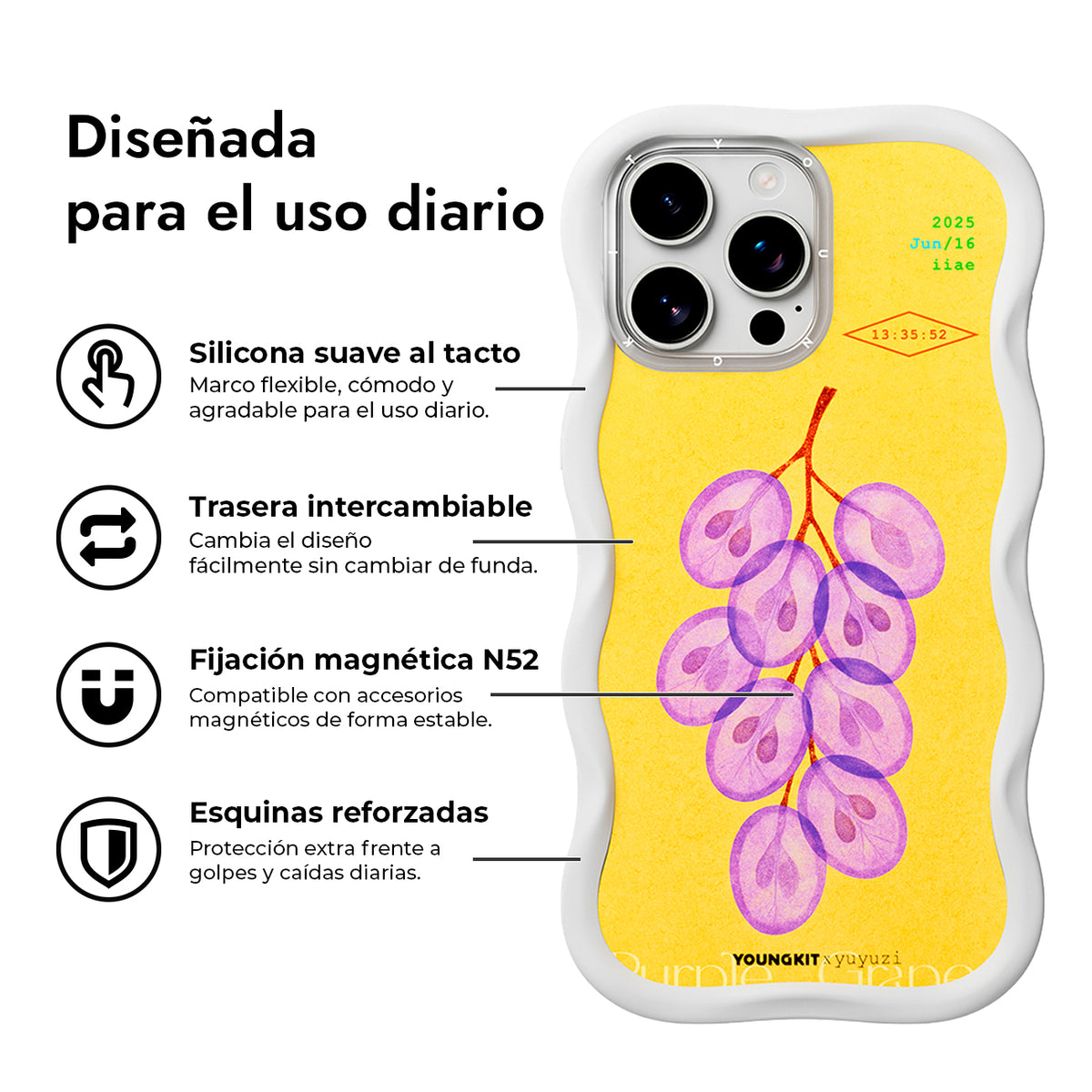 YOUNGKIT Funda CHD4 Authentic Wavy para iPhone 16 Pro Max Compatible con MagSafe, Marco de Silicona y Trasera Removible, Uva Morada, Blanco