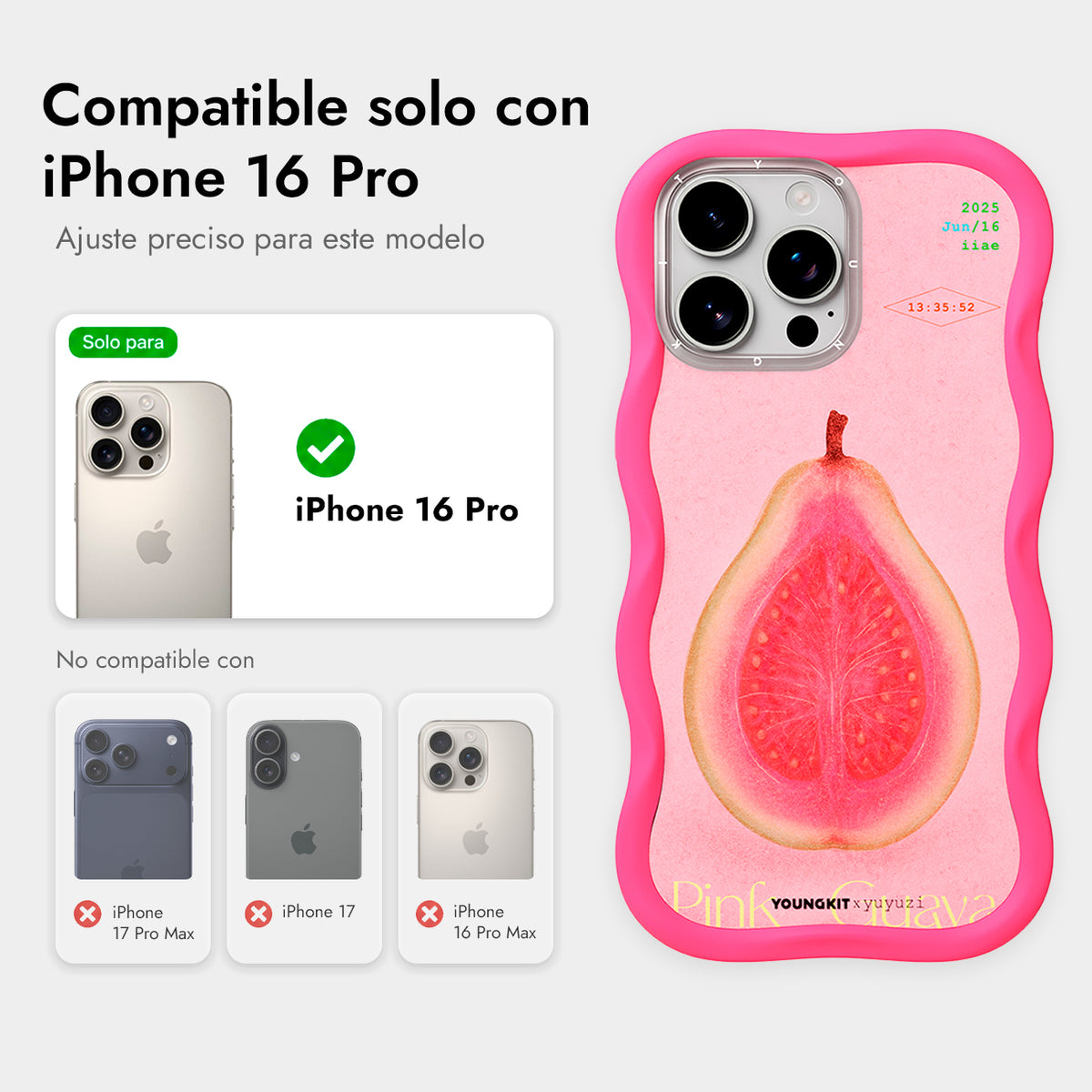 YOUNGKIT Funda CHD4 Authentic Wavy para iPhone 16 Pro Compatible con MagSafe, Marco de Silicona y Trasera Removible, Guayaba Rosa, Rosa Neón