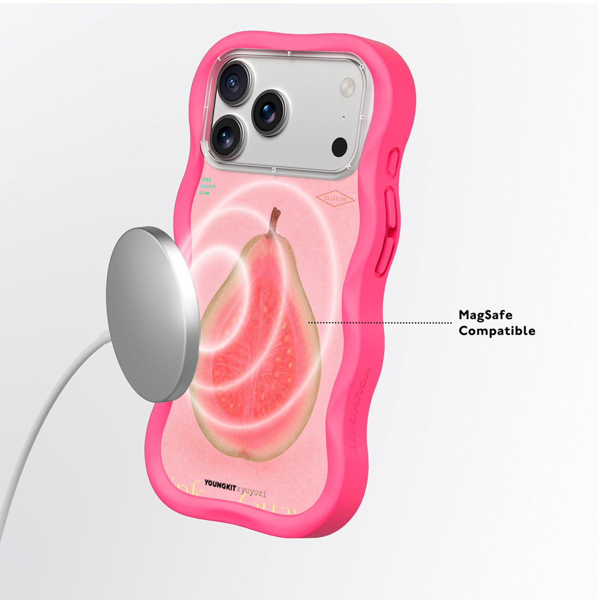 YOUNGKIT Funda CHD4 Authentic Wavy para iPhone 16 Pro Max Compatible con MagSafe, Marco de Silicona y Trasera Removible, Guayaba Rosa, Rosa Neón
