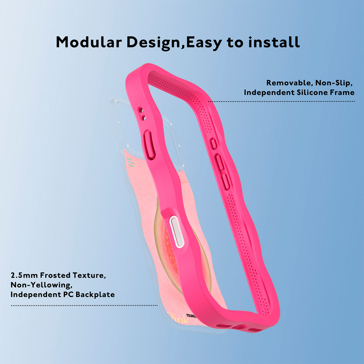 YOUNGKIT Funda CHD4 Authentic Wavy para iPhone 16 Pro Max Compatible con MagSafe, Marco de Silicona y Trasera Removible, Guayaba Rosa, Rosa Neón