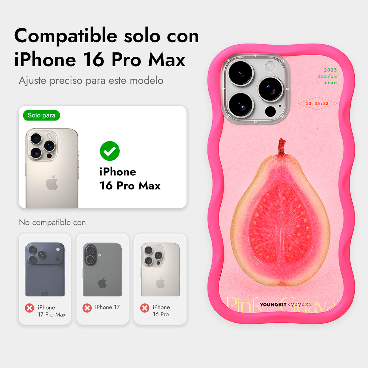 YOUNGKIT Funda CHD4 Authentic Wavy para iPhone 16 Pro Max Compatible con MagSafe, Marco de Silicona y Trasera Removible, Guayaba Rosa, Rosa Neón