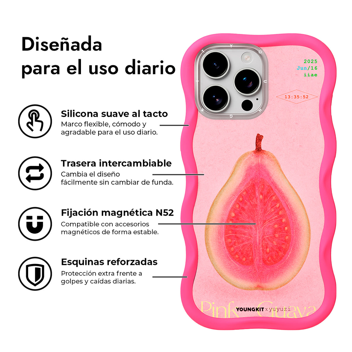 YOUNGKIT Funda CHD4 Authentic Wavy para iPhone 16 Pro Max Compatible con MagSafe, Marco de Silicona y Trasera Removible, Guayaba Rosa, Rosa Neón