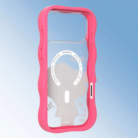 YOUNGKIT Funda CHD Sweet Friends Wavy para iPhone 16 Pro Compatible con MagSafe, Marco de Silicona y Trasera Removible, Móvil Plegable, Rosa Neón
