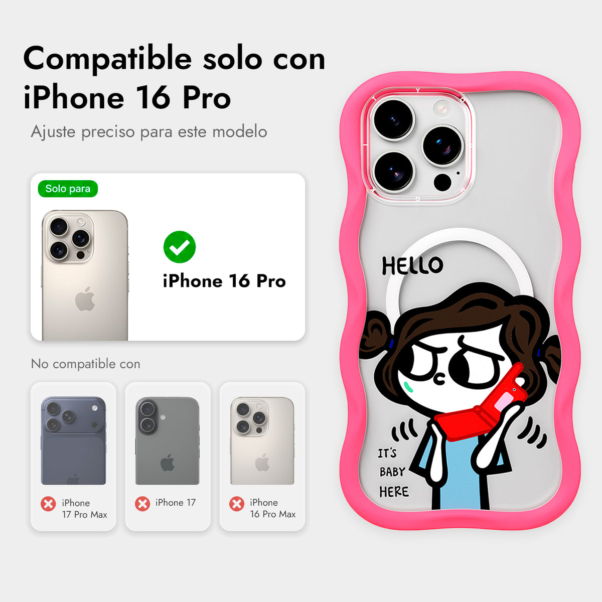 YOUNGKIT Funda CHD Sweet Friends Wavy para iPhone 16 Pro Compatible con MagSafe, Marco de Silicona y Trasera Removible, Móvil Plegable, Rosa Neón