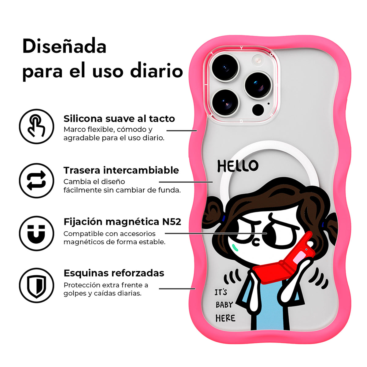 YOUNGKIT Funda CHD Sweet Friends Wavy para iPhone 16 Pro Compatible con MagSafe, Marco de Silicona y Trasera Removible, Móvil Plegable, Rosa Neón