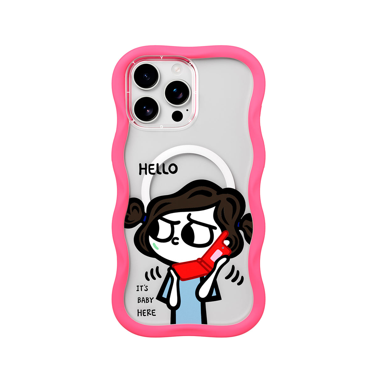 YOUNGKIT Funda CHD Sweet Friends Wavy para iPhone 16 Pro Max Compatible con MagSafe, Marco de Silicona y Trasera Removible, Móvil Plegable, Rosa Neón