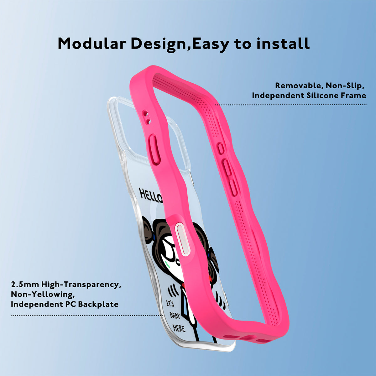 YOUNGKIT Funda CHD Sweet Friends Wavy para iPhone 16 Pro Max Compatible con MagSafe, Marco de Silicona y Trasera Removible, Móvil Plegable, Rosa Neón