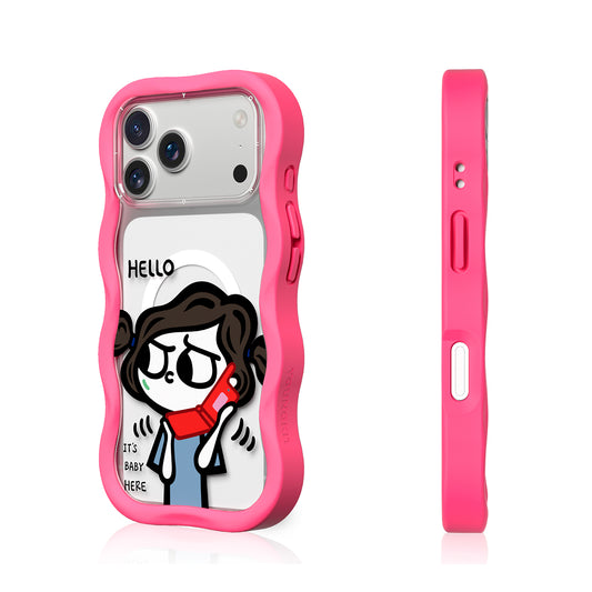 YOUNGKIT Funda CHD Sweet Friends Wavy para iPhone 17 Pro Max Compatible con MagSafe, Marco de Silicona y Trasera Removible, Móvil Plegable, Rosa Neón