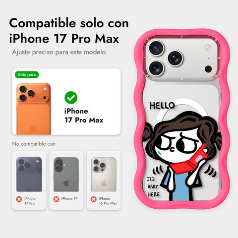 YOUNGKIT Funda CHD Sweet Friends Wavy para iPhone 17 Pro Max Compatible con MagSafe, Marco de Silicona y Trasera Removible, Móvil Plegable, Rosa Neón