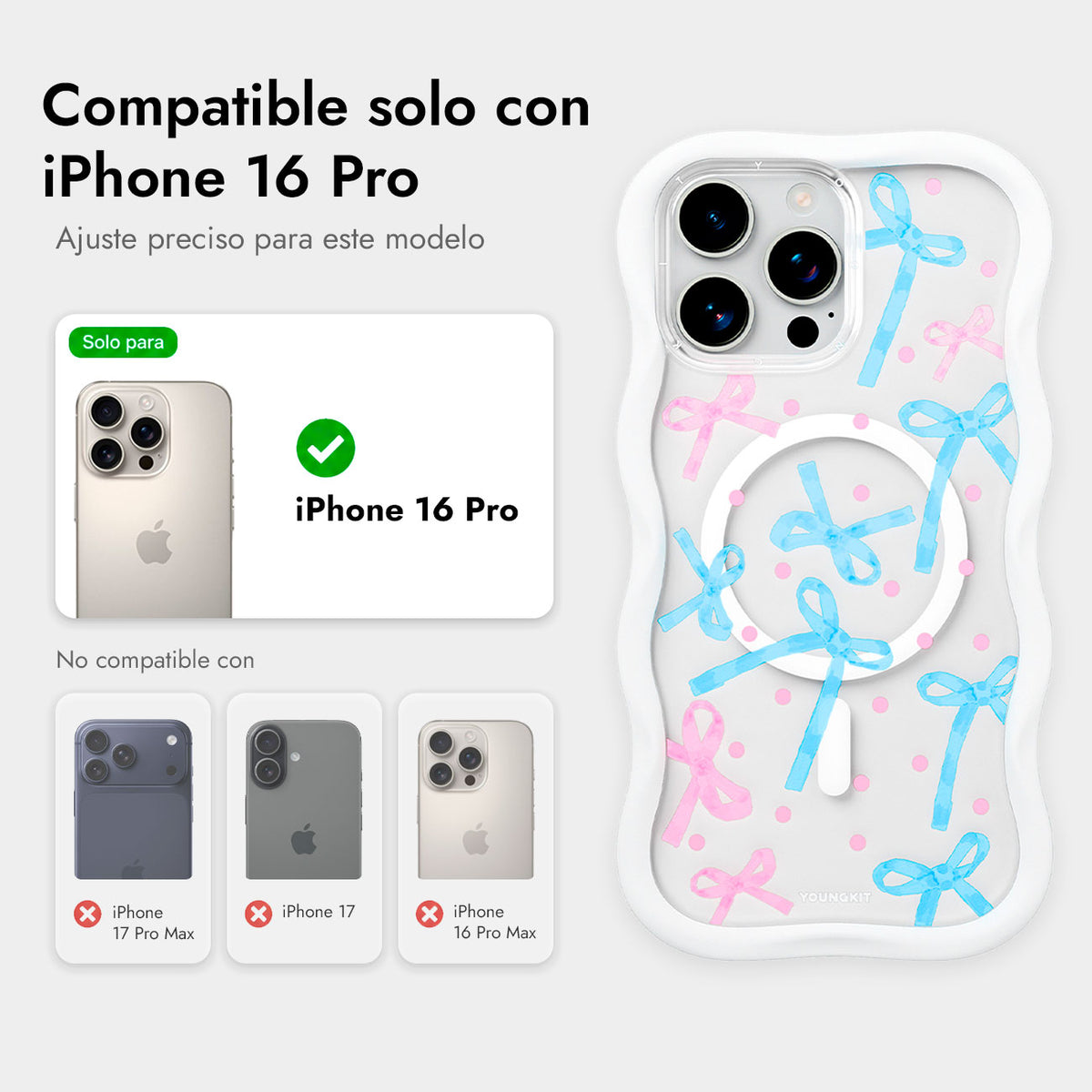 YOUNGKIT Funda CHD Sweetheart Wavy para iPhone 16 Pro Compatible con MagSafe, Marco de Silicona y Trasera Removible, Lazo, Blanco Cloud Dance