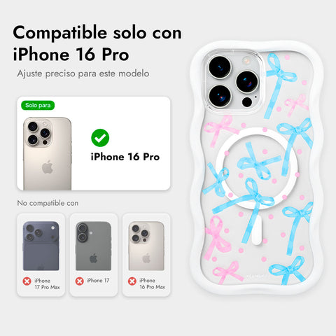 YOUNGKIT Funda CHD Sweetheart Wavy para iPhone 16 Pro Compatible con MagSafe, Marco de Silicona y Trasera Removible, Lazo, Blanco Cloud Dance