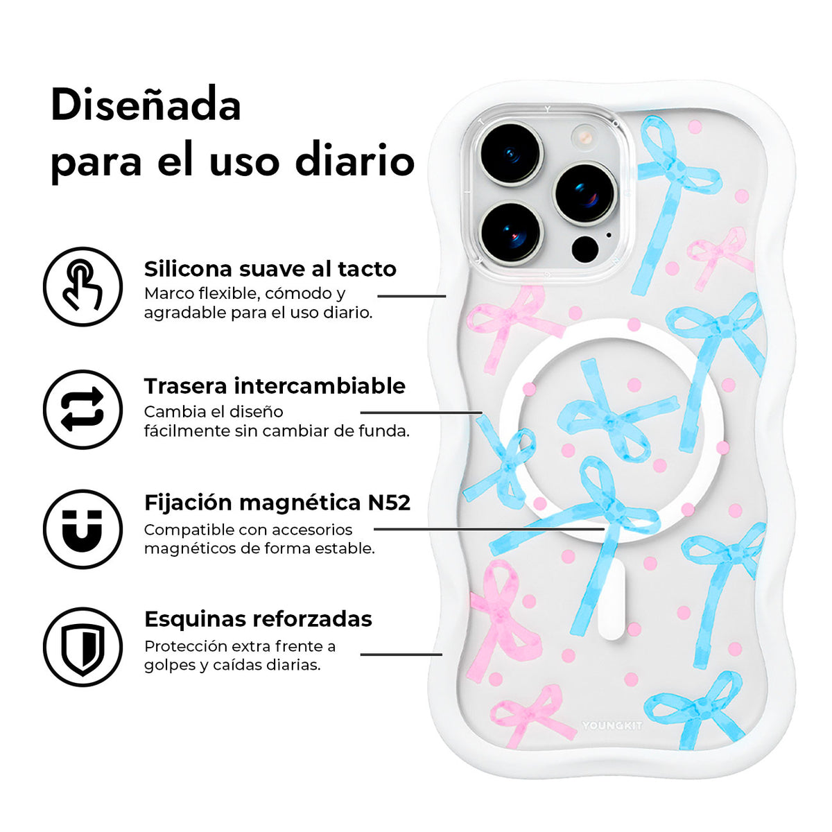 YOUNGKIT Funda CHD Sweetheart Wavy para iPhone 16 Pro Compatible con MagSafe, Marco de Silicona y Trasera Removible, Lazo, Blanco Cloud Dance