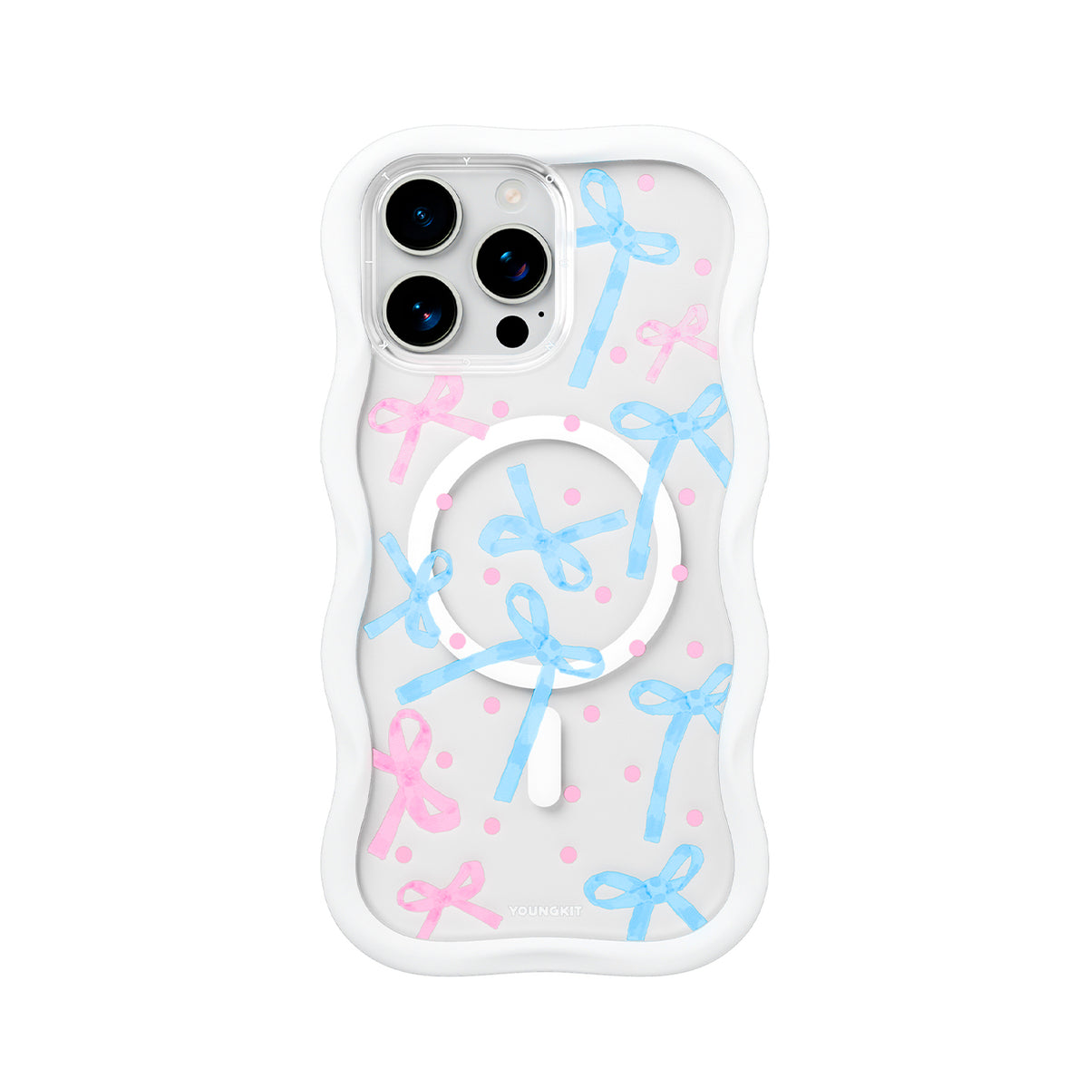 YOUNGKIT Funda CHD Sweetheart Wavy para iPhone 16 Pro Compatible con MagSafe, Marco de Silicona y Trasera Removible, Lazo, Blanco Cloud Dance