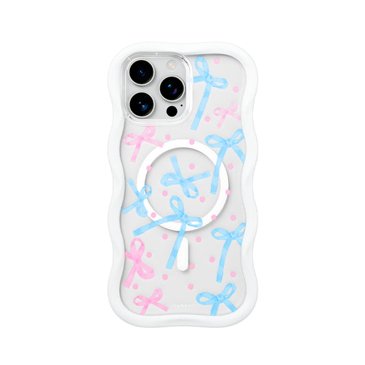 YOUNGKIT Funda CHD Sweetheart Wavy para iPhone 16 Pro Compatible con MagSafe, Marco de Silicona y Trasera Removible, Lazo, Blanco Cloud Dance