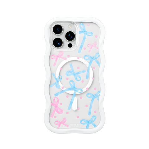 YOUNGKIT Funda CHD Sweetheart Wavy para iPhone 16 Pro Compatible con MagSafe, Marco de Silicona y Trasera Removible, Lazo, Blanco Cloud Dance