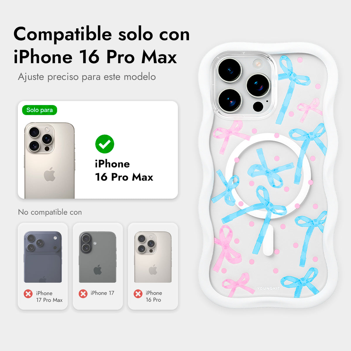 YOUNGKIT Funda CHD Sweetheart Wavy para iPhone 16 Pro Max Compatible con MagSafe, Marco de Silicona y Trasera Removible, Lazo, Blanco Cloud Dance