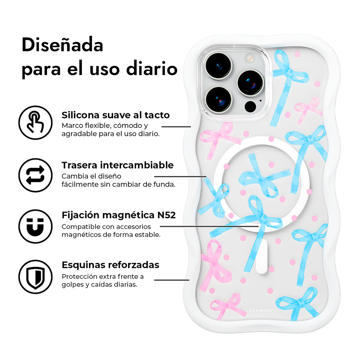 YOUNGKIT Funda CHD Sweetheart Wavy para iPhone 16 Pro Max Compatible con MagSafe, Marco de Silicona y Trasera Removible, Lazo, Blanco Cloud Dance