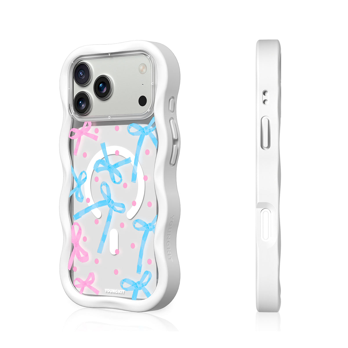 YOUNGKIT Funda Wavy para iPhone 17 Pro/18 Pro Compatible con MagSafe, Lazo, Blanco Cloud Dance