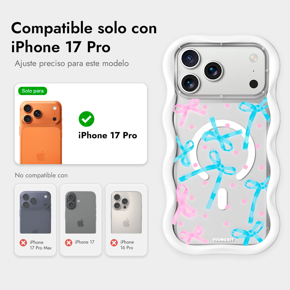 YOUNGKIT Funda Wavy para iPhone 17 Pro/18 Pro Compatible con MagSafe, Lazo, Blanco Cloud Dance