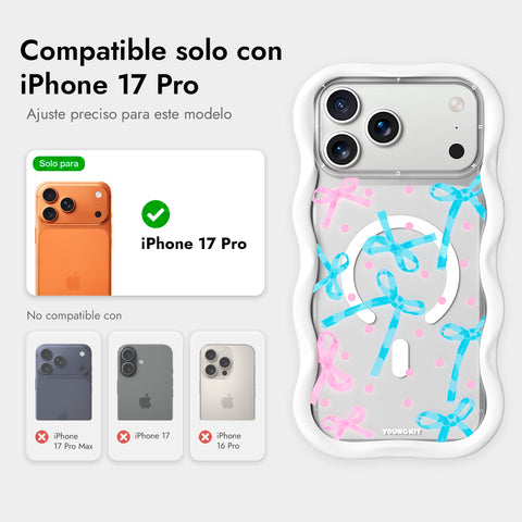 YOUNGKIT Funda CHD Sweetheart Wavy para iPhone 17 Pro Compatible con MagSafe, Marco de Silicona y Trasera Removible, Lazo, Blanco Cloud Dance