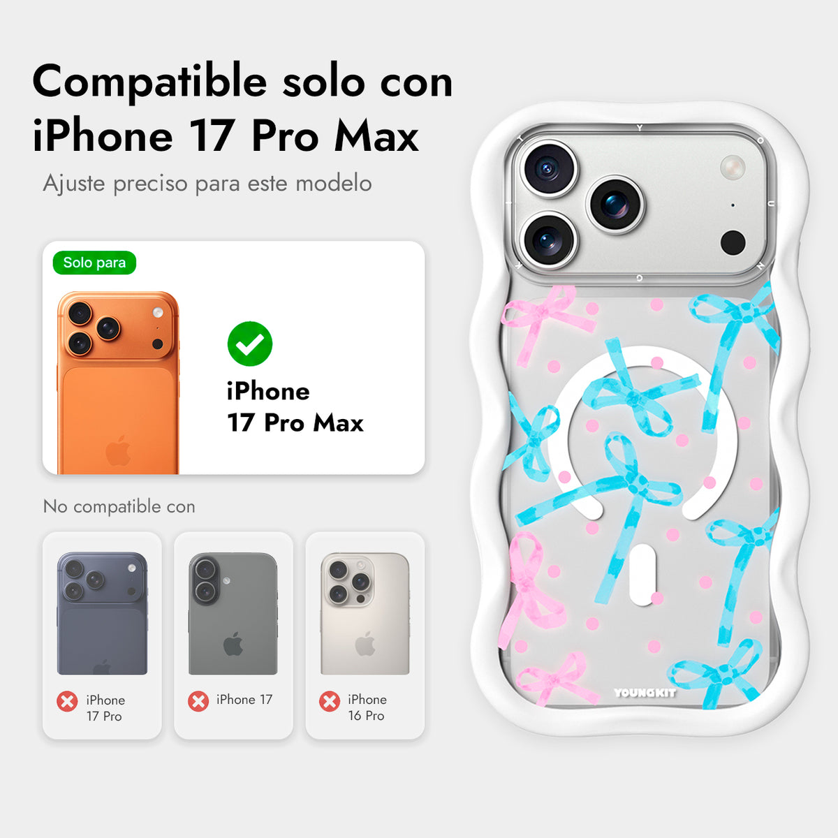 YOUNGKIT Funda Wavy para iPhone 17 Pro Max/18 Pro Max Compatible con MagSafe, Lazo, Blanco Cloud Dance
