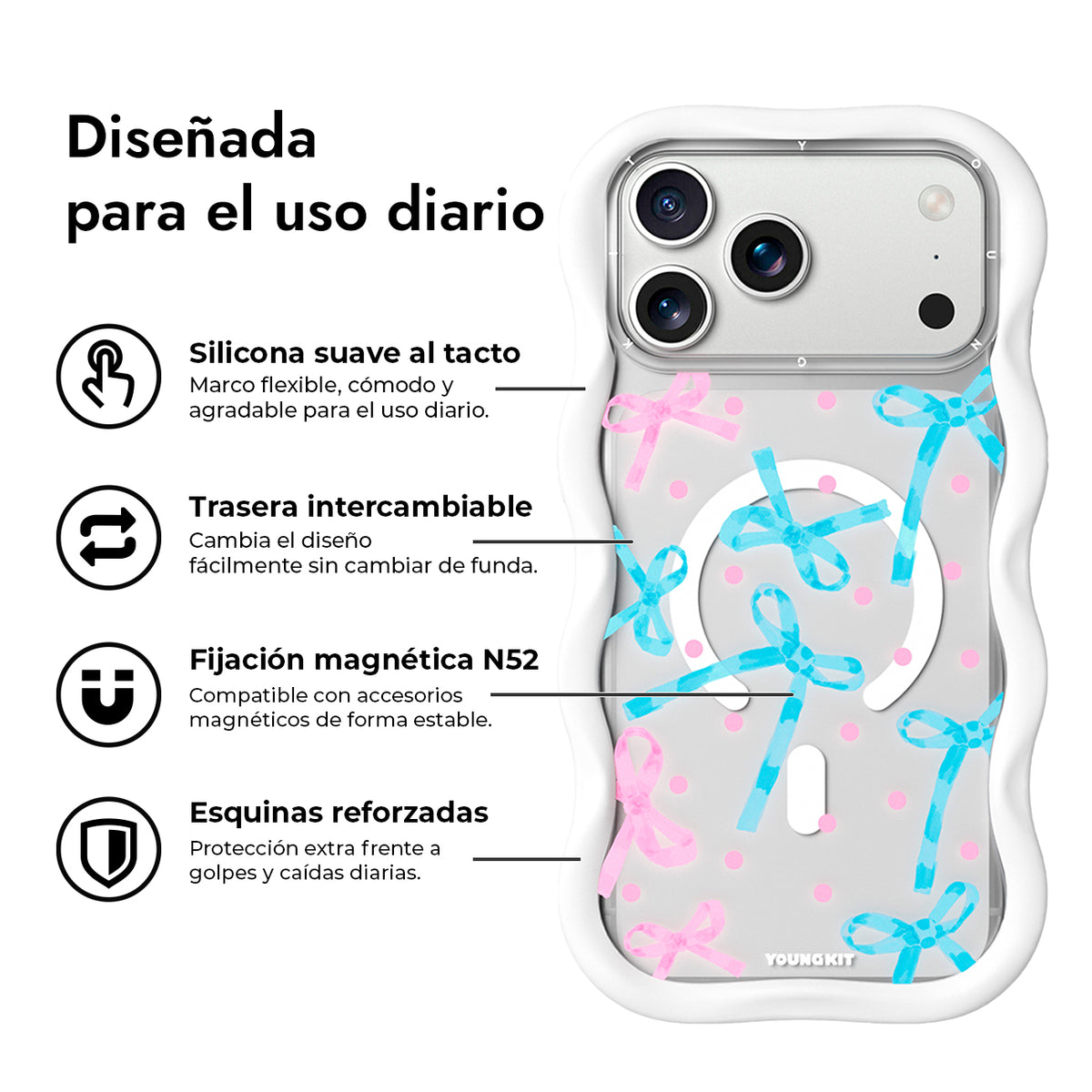YOUNGKIT Funda Wavy para iPhone 17 Pro Max/18 Pro Max Compatible con MagSafe, Lazo, Blanco Cloud Dance