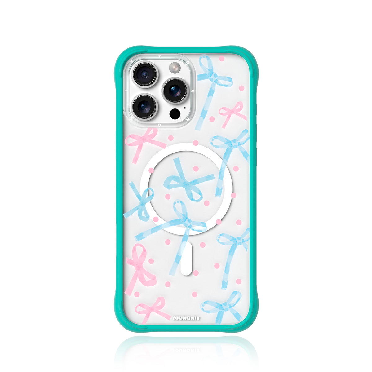 YOUNGKIT Funda CHD Sweetheart Wavy para iPhone 16 Pro Max Compatible con MagSafe, Marco de Silicona y Trasera Removible, Lazo, Azul Glacier