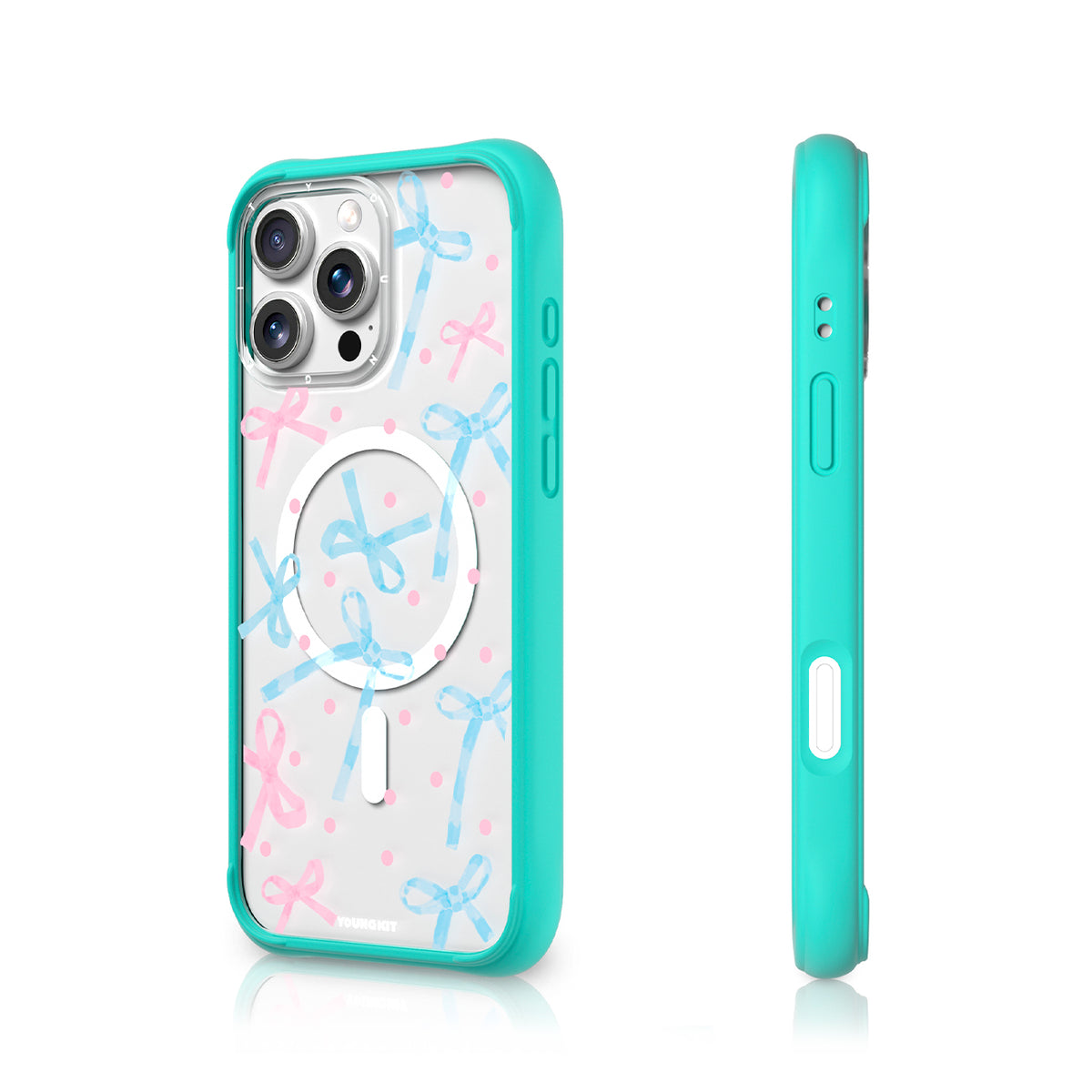 YOUNGKIT Funda CHD Sweetheart Wavy para iPhone 16 Pro Max Compatible con MagSafe, Marco de Silicona y Trasera Removible, Lazo, Azul Glacier