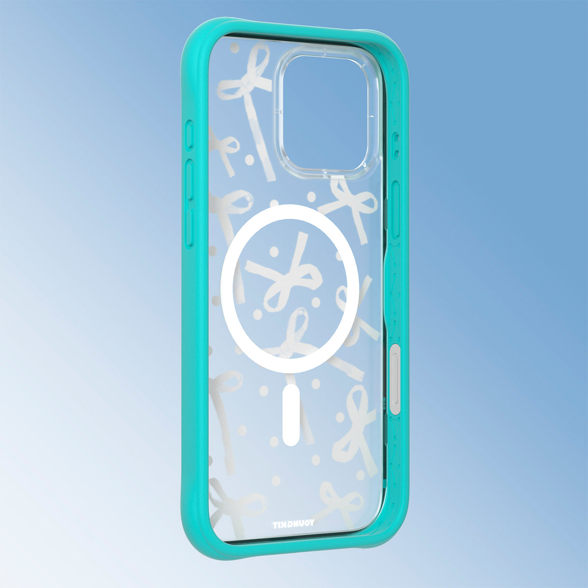 YOUNGKIT Funda CHD Sweetheart Wavy para iPhone 16 Pro Max Compatible con MagSafe, Marco de Silicona y Trasera Removible, Lazo, Azul Glacier