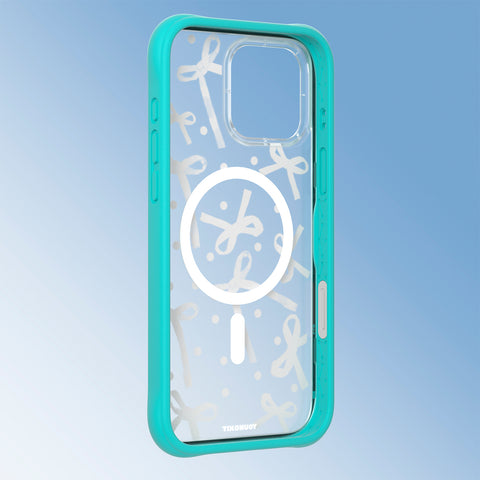 YOUNGKIT Funda CHD Sweetheart Wavy para iPhone 16 Pro Max Compatible con MagSafe, Marco de Silicona y Trasera Removible, Lazo, Azul Glacier