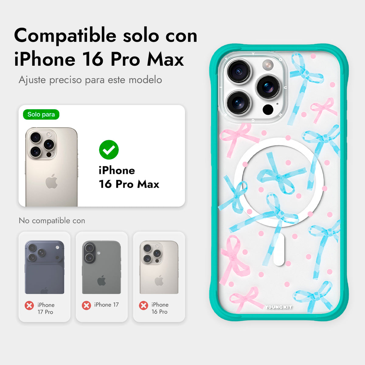 YOUNGKIT Funda CHD Sweetheart Wavy para iPhone 16 Pro Max Compatible con MagSafe, Marco de Silicona y Trasera Removible, Lazo, Azul Glacier