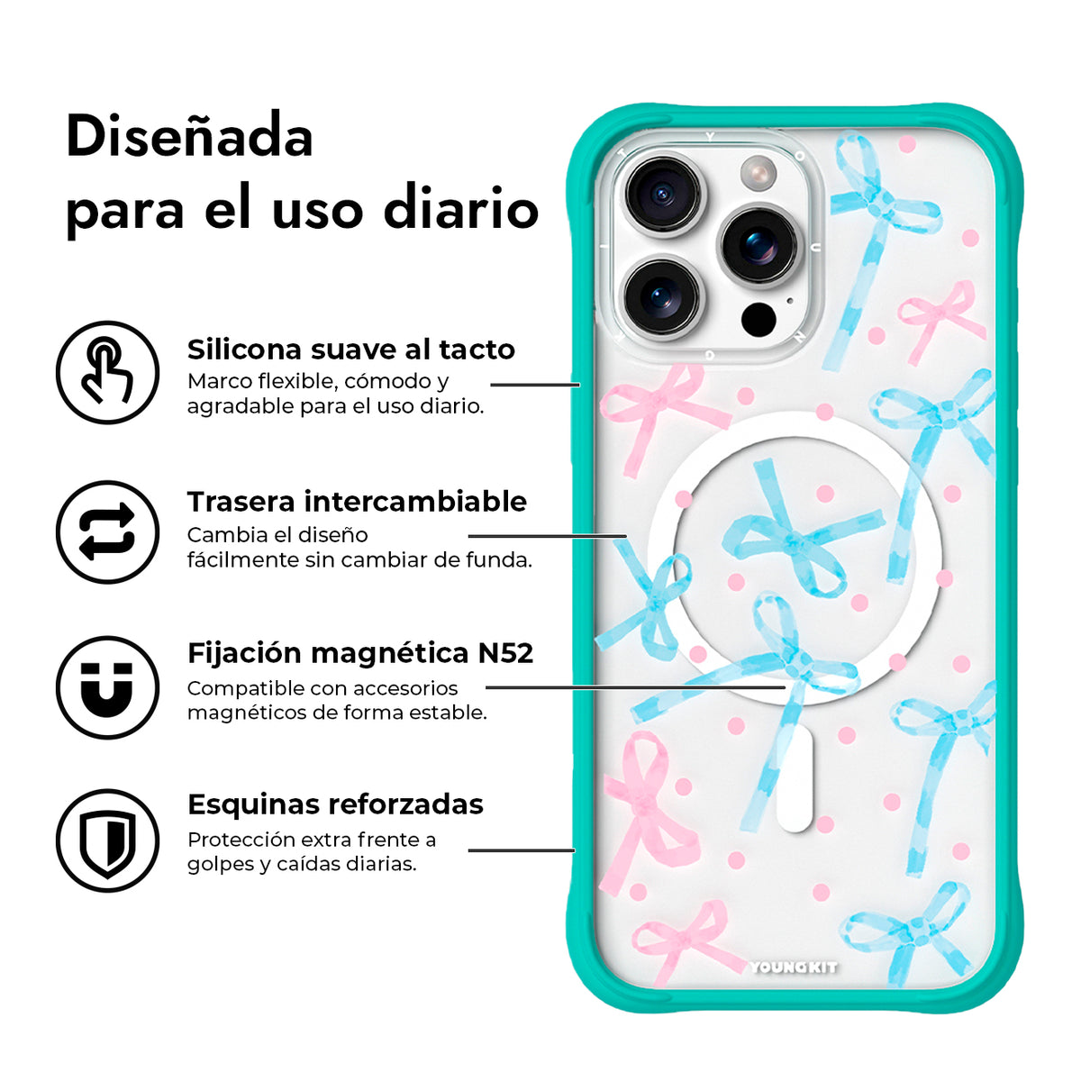 YOUNGKIT Funda CHD Sweetheart Wavy para iPhone 16 Pro Max Compatible con MagSafe, Marco de Silicona y Trasera Removible, Lazo, Azul Glacier