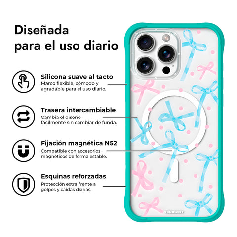 YOUNGKIT Funda CHD Sweetheart Wavy para iPhone 16 Pro Max Compatible con MagSafe, Marco de Silicona y Trasera Removible, Lazo, Azul Glacier