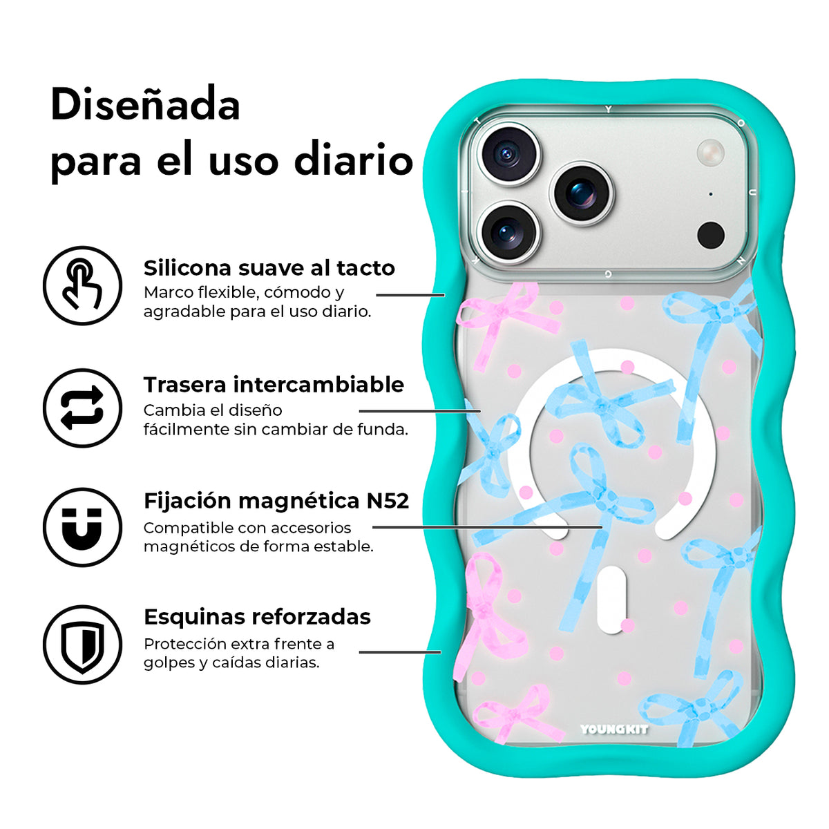 YOUNGKIT Funda Wavy para iPhone 17 Pro/18 Pro Compatible con MagSafe, Lazo, Azul Glacier