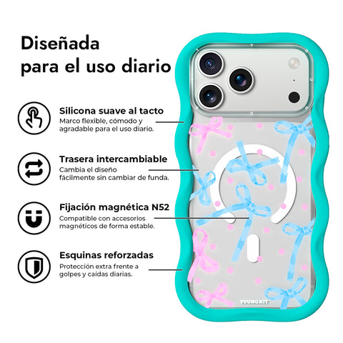 YOUNGKIT Funda CHD Sweetheart Wavy para iPhone 17 Pro Max Compatible con MagSafe, Marco de Silicona y Trasera Removible, Lazo, Azul Glacier