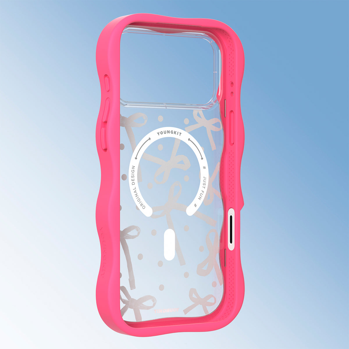 YOUNGKIT Funda CHD Sweetheart Wavy para iPhone 16 Pro Compatible con MagSafe, Marco de Silicona y Trasera Removible, Lazo, Rosa Neón