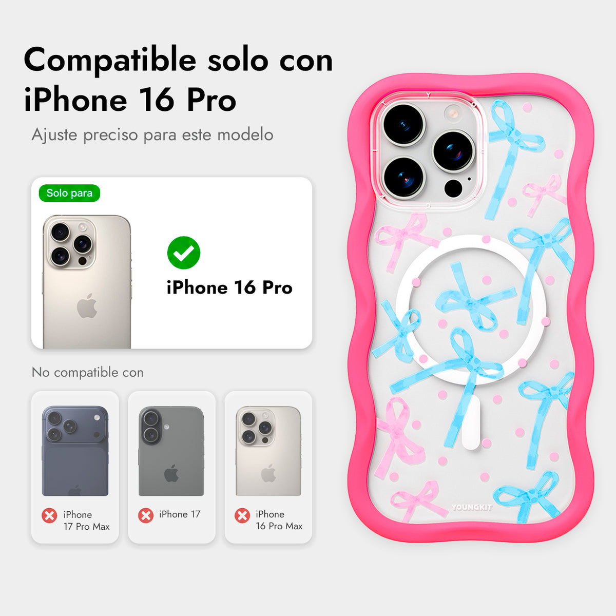 YOUNGKIT Funda CHD Sweetheart Wavy para iPhone 16 Pro Compatible con MagSafe, Marco de Silicona y Trasera Removible, Lazo, Rosa Neón