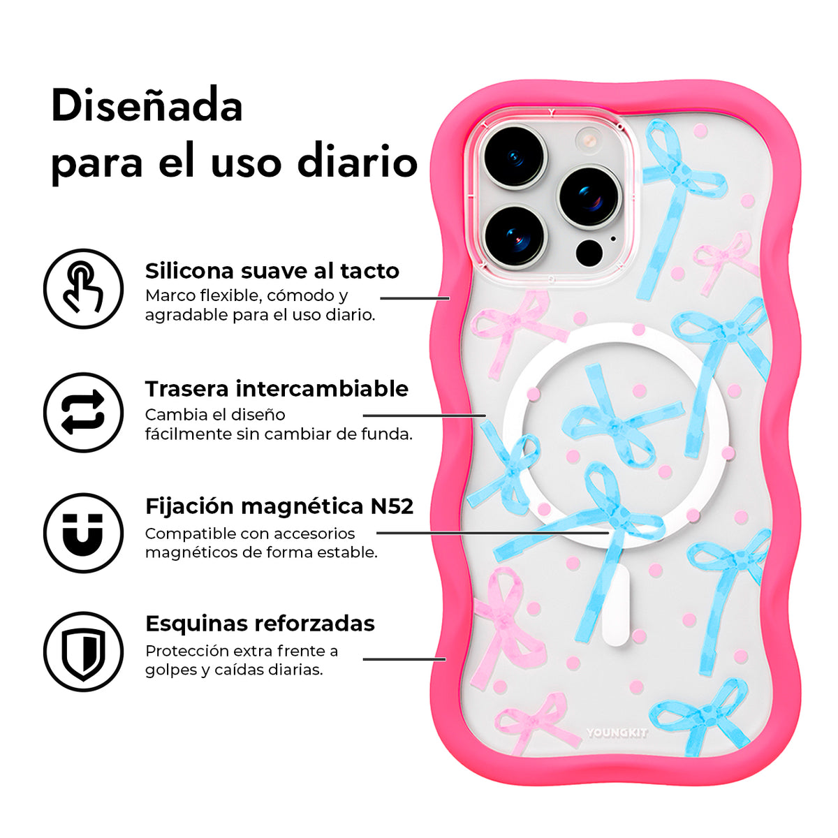 YOUNGKIT Funda CHD Sweetheart Wavy para iPhone 16 Pro Compatible con MagSafe, Marco de Silicona y Trasera Removible, Lazo, Rosa Neón