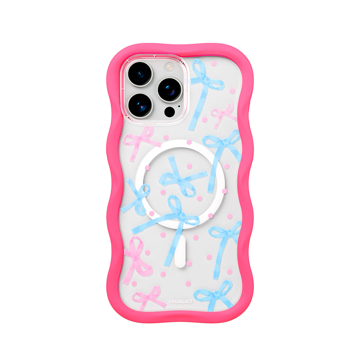 YOUNGKIT Funda CHD Sweetheart Wavy para iPhone 16 Pro Max Compatible con MagSafe, Marco de Silicona y Trasera Removible, Lazo, Rosa Neón