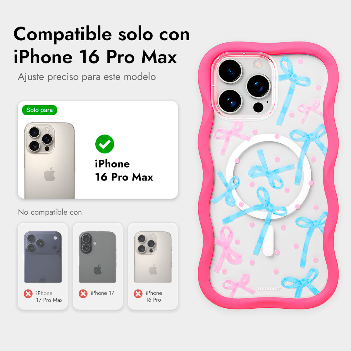YOUNGKIT Funda CHD Sweetheart Wavy para iPhone 16 Pro Max Compatible con MagSafe, Marco de Silicona y Trasera Removible, Lazo, Rosa Neón